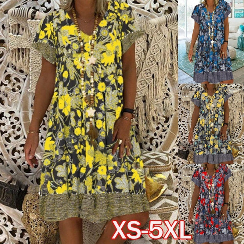 V-neck Printed Short Sleeve Mid-length Dress Plus Size Floral