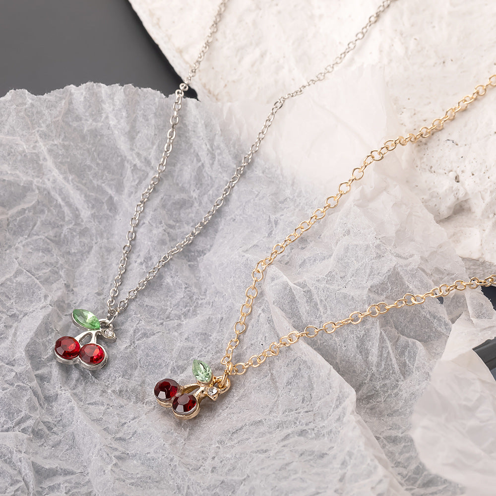 Fashionable And Cute Diamond Red Cherry Necklace
