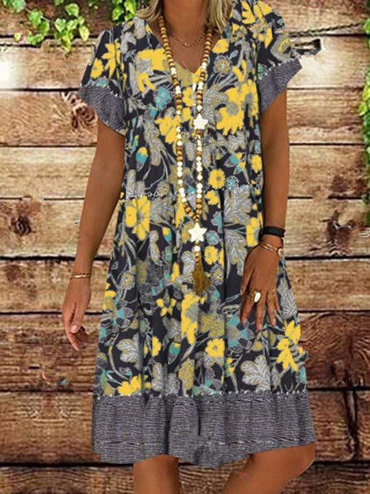 V-neck Printed Short Sleeve Mid-length Dress Plus Size Floral