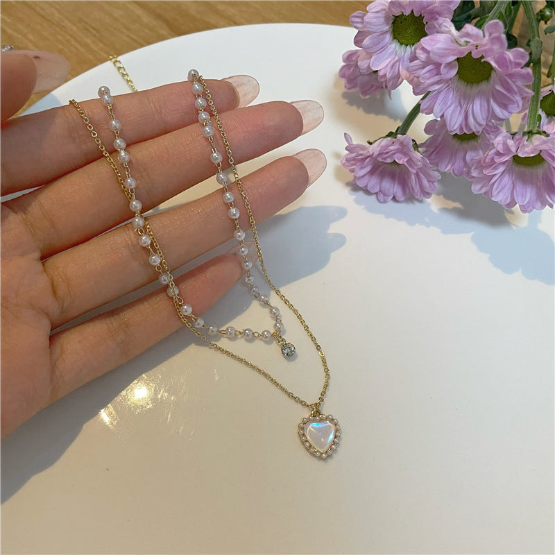 Women's Simple All-match Pearl Heart-shaped Double-layer Necklace