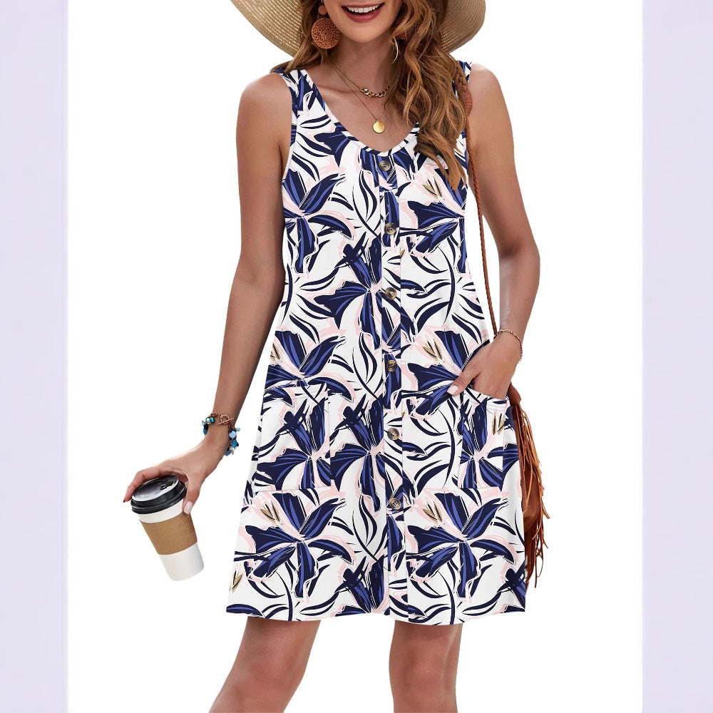 Beach Print Button Pocket Casual Sleeveless Women's Dress