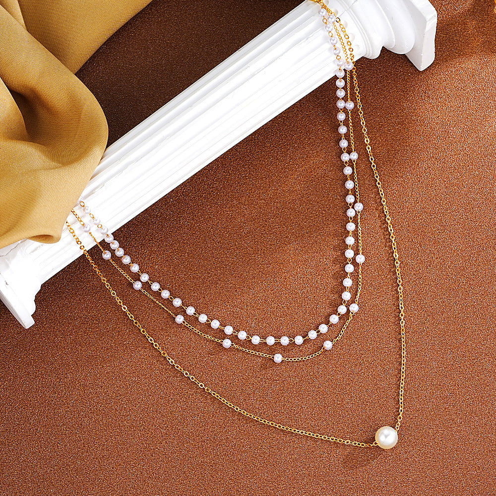 Pearl Chain Pendant Three-layer Necklace For Women Twin All-matching