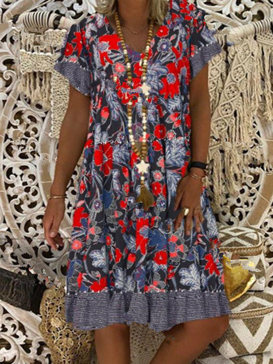 V-neck Printed Short Sleeve Mid-length Dress Plus Size Floral