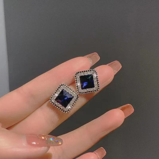 Korean Fashion Blue Diamond Square Minimalist Temperament Personality Square Earrings For Women
