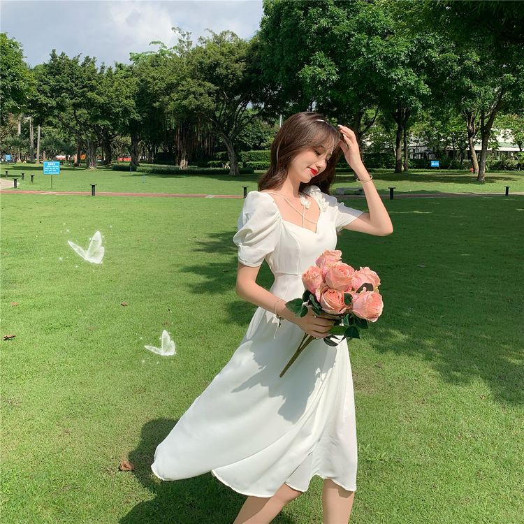 Puff Sleeve Dress French Retro Gentle