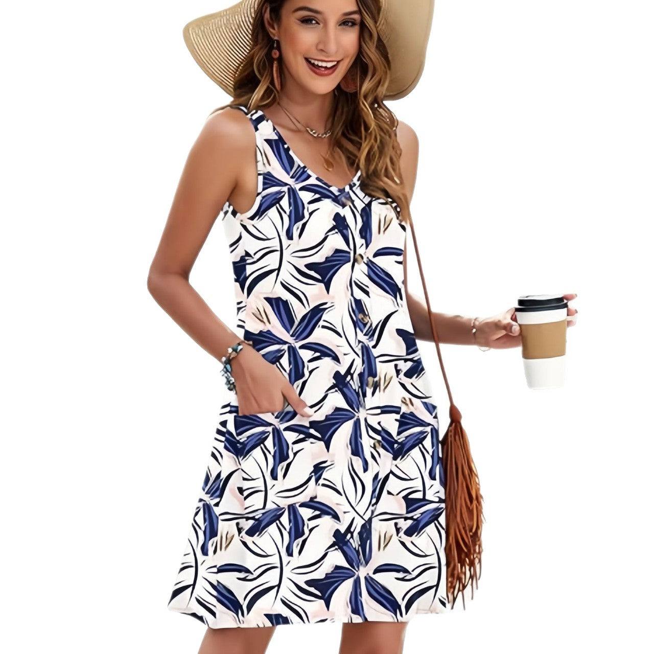 Beach Print Button Pocket Casual Sleeveless Women's Dress