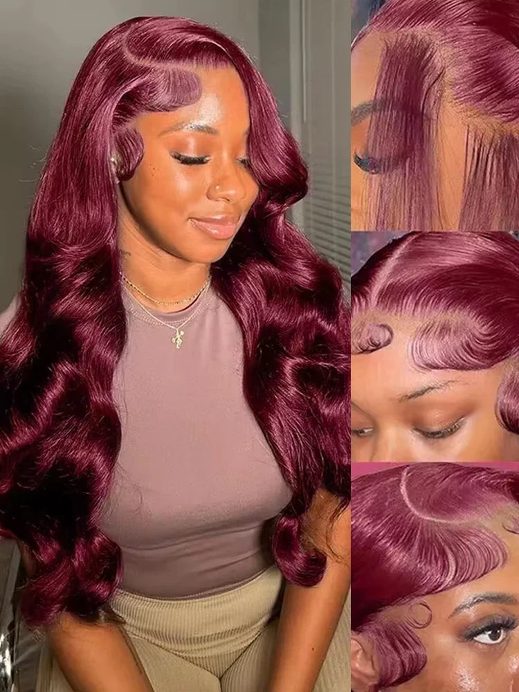 200% Body Wave Wig Burgundy 99J Lace Front Wig 13x4 13x6 HD Lace Frontal Wig Human Hair Pre Plucked 99j Red Colored Wig