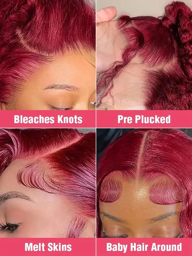 200% Body Wave Wig Burgundy 99J Lace Front Wig 13x4 13x6 HD Lace Frontal Wig Human Hair Pre Plucked 99j Red Colored Wig