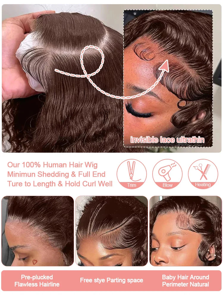 200% Chocolate Brown Deep Wave Human Hair Wig 30 34Inch Transparent Lace Frontal Wigs For Women 13x6 Lace Front Water Curly Wigs