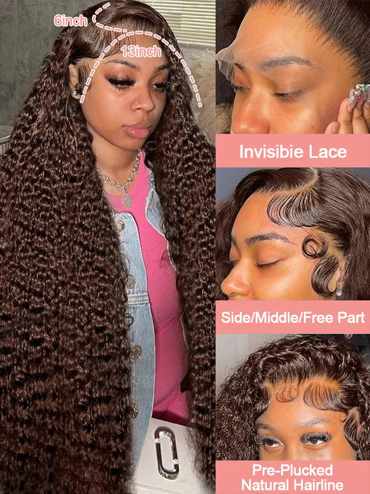 Deep Curly Human hair Wigs Chocolate Brown 13x4 13x6 Hd Lace Frontal Wig Colored Water Wave Lace Front Wig For Women 30 36 Inch