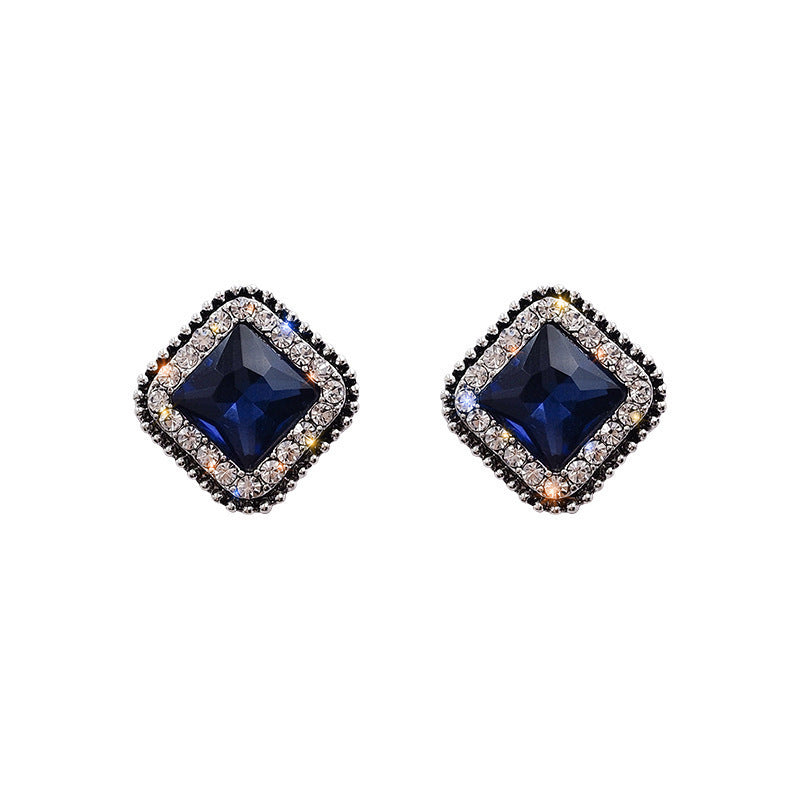 Korean Fashion Blue Diamond Square Minimalist Temperament Personality Square Earrings For Women