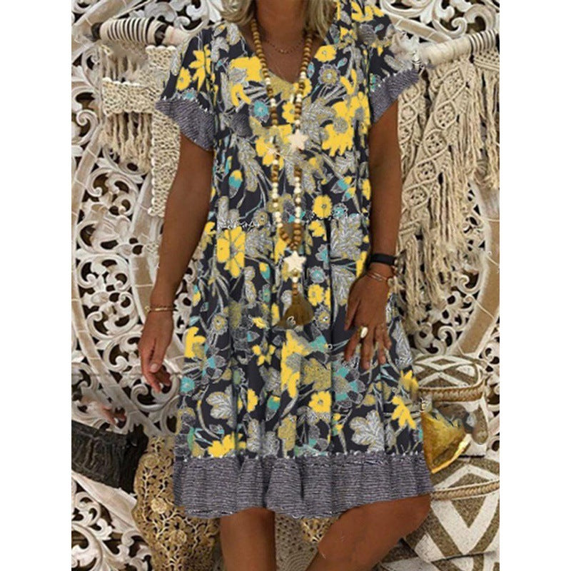 V-neck Printed Short Sleeve Mid-length Dress Plus Size Floral