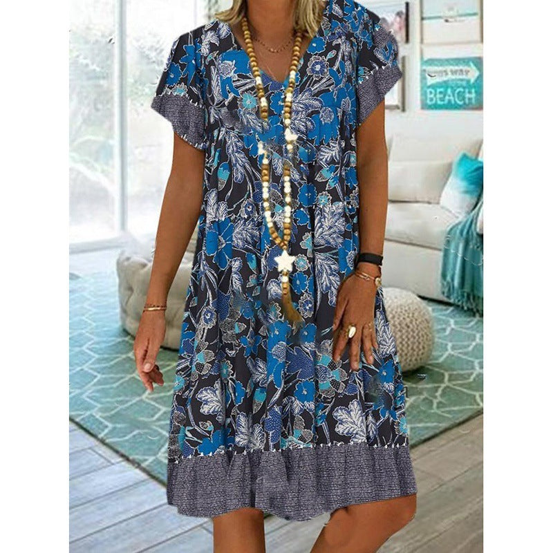 V-neck Printed Short Sleeve Mid-length Dress Plus Size Floral