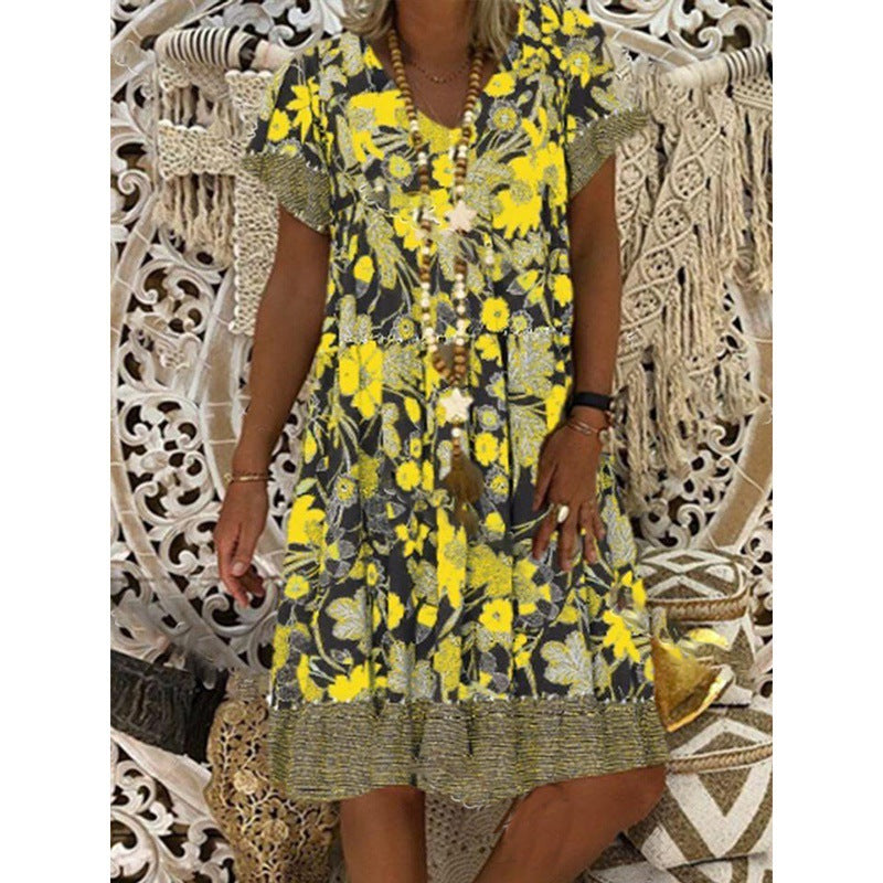 V-neck Printed Short Sleeve Mid-length Dress Plus Size Floral
